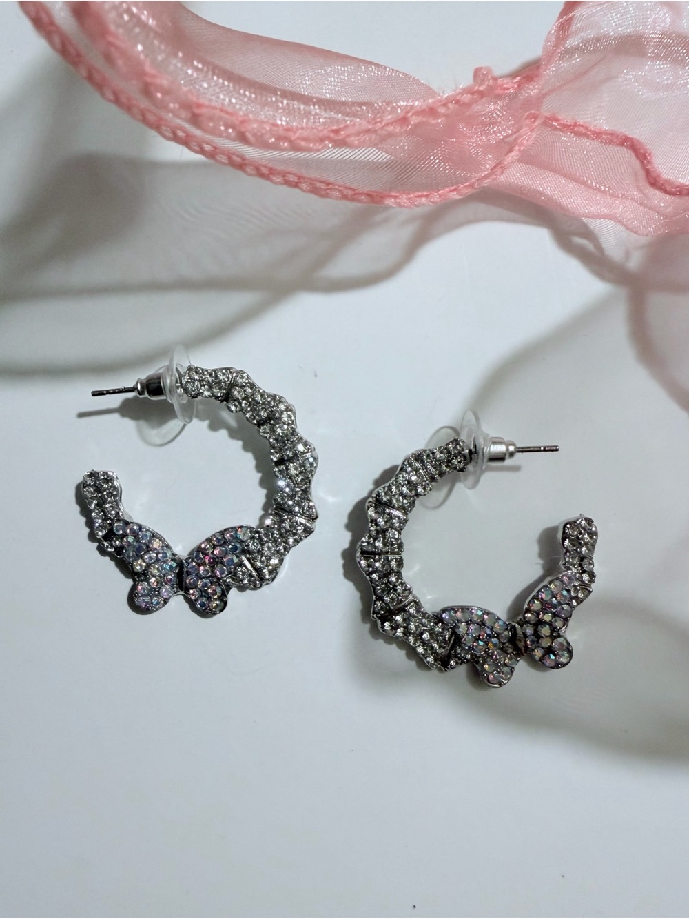 Silver Butterfly Crystal Hoop Earrings